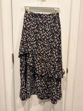 Floral Ruffle Midi Skirt - Black with Pink & Green Floral
